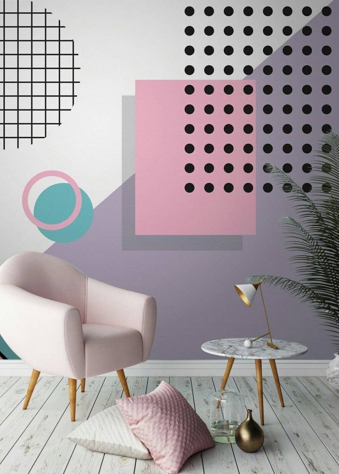 ورق جدران عصري يجمع كرسي ناعم مع طاولةصغيرة واكسسوارات لزوايا منزل عصري 