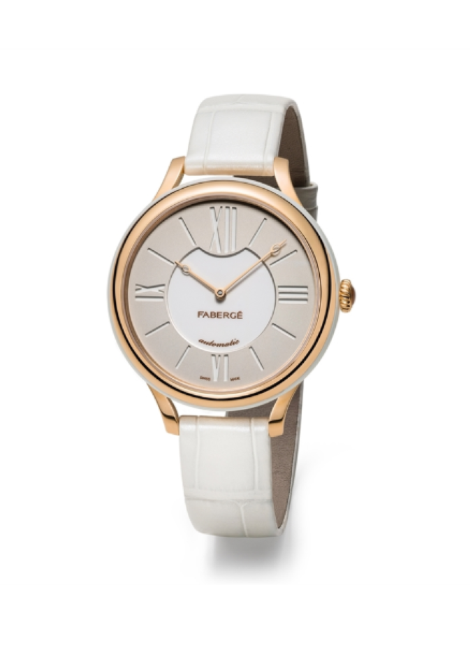 ساعة  Faberge جلد ابيض وذهب وردي