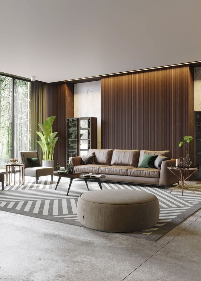 أرضية رخامية تعكس الفخامة على السقف الخشبي البسيط لغرفة المعيشة