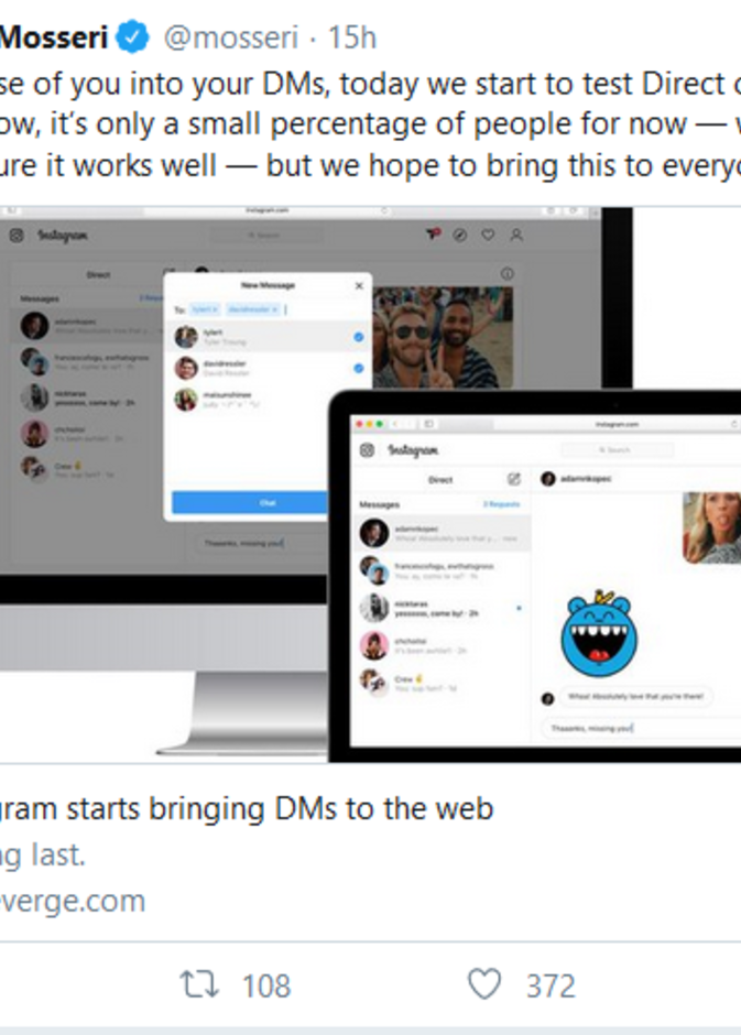 انستقرام تعلن عن دعم ميزة الرسائل الخاصة (DMs) عبر الويب