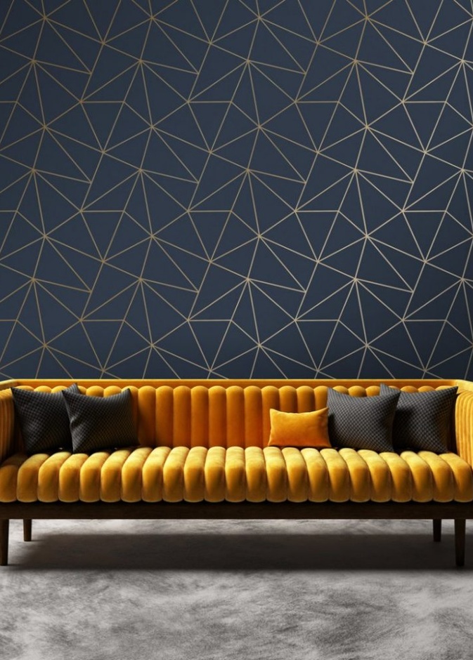 الخطوط الهندسية ترسم نقشة عصرية على جدار غرفة المعيشة المودرن