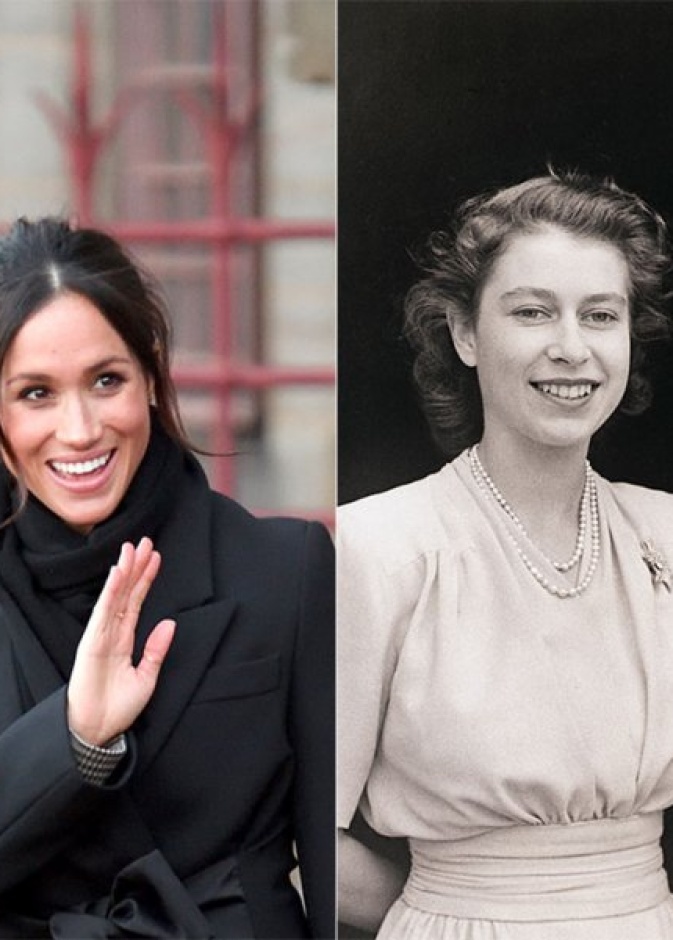 في الصورة الأولى الملكة إليزابيث وزوجها الأمير فيليب.. والثانية الأمير هاري وميغان