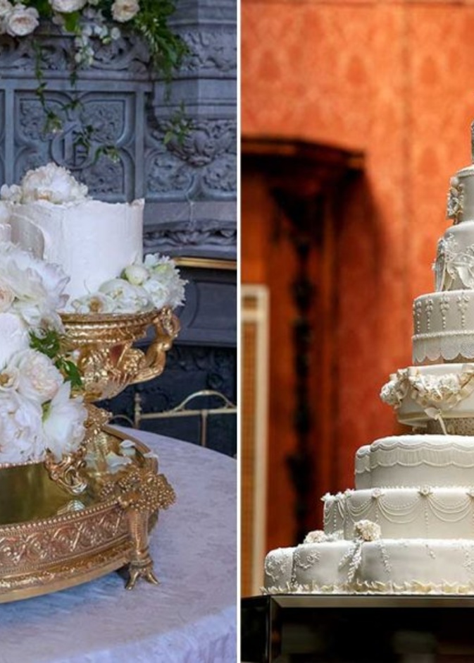 على اليمين كعكة زفاف الأمير ويليام وكيت ميدلتون وعلى اليسار كعكة زفاف الأمير هاري وزوجته ميغان