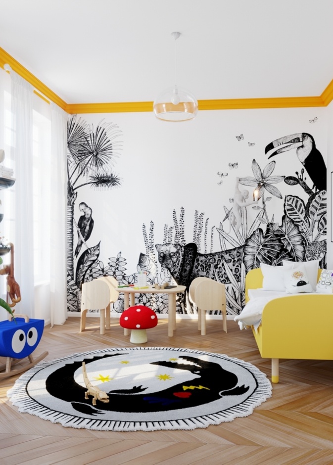 إضافة اللون الأصفر البراق لديكور غرفة أطفال متجددة