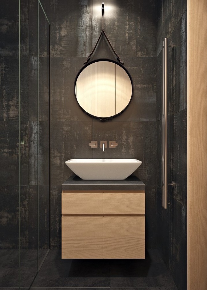 ديكور حمام صغير باللون الأسود الجذاب مع الخشب