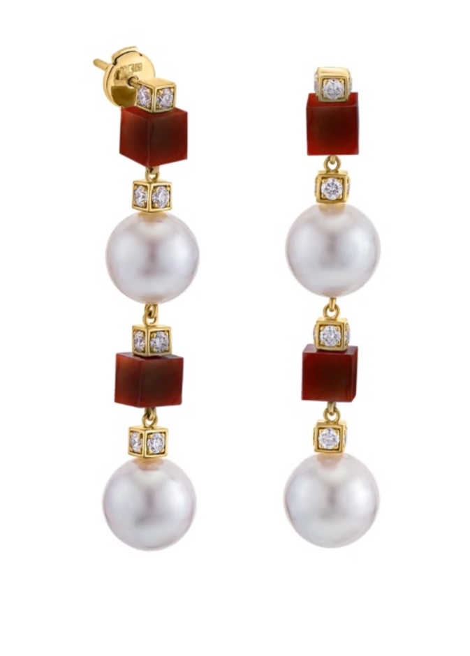 أقراط لؤلؤ مع أحجار الكارنيليان والماس من مجوهرات MKS 