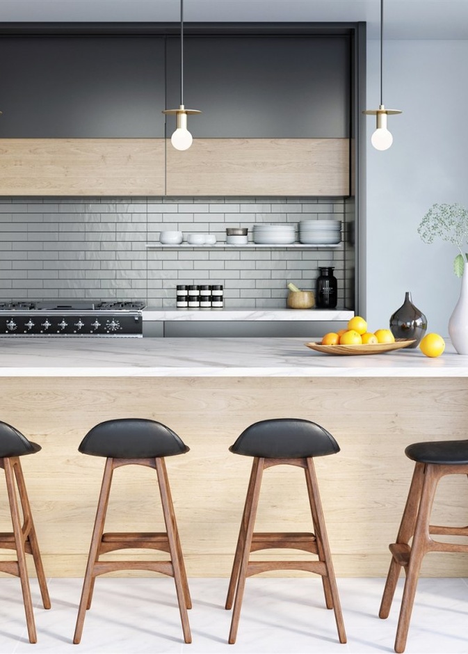 أناقة الجلد مع الخشب في تصميم كراسي عالية