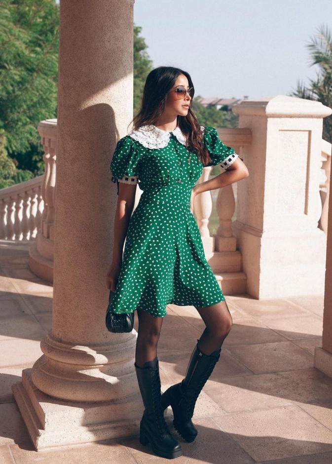  اطلالات اسيل عمران بموضة الفساتين المزخرقة باللون الاخضر