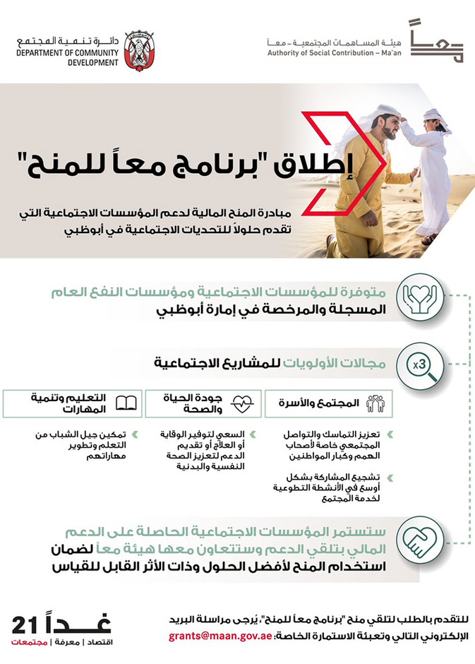 اطلاق "برنامج معاً للمنح" لتوفير الدعم المالي اللازم للتنمية والتمكين في الإمارات