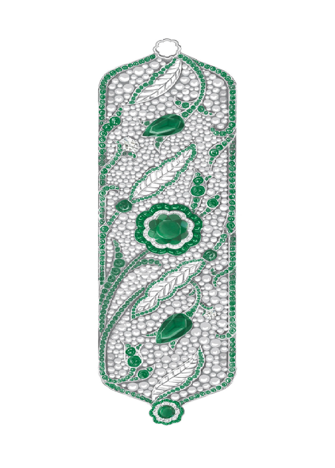 رسم سوار "إزنيق فير" Iznik Vert تتوسطه حجرة زمرد بقطع على شكل الزهرة وبعيار 4.49 قيراط. مرصع بزمردتين بالقطع الإجاصي، الأولى عيار 3.22 قيراط والثانية عيار 3.15 قيراط، وباللؤلؤ والماس.