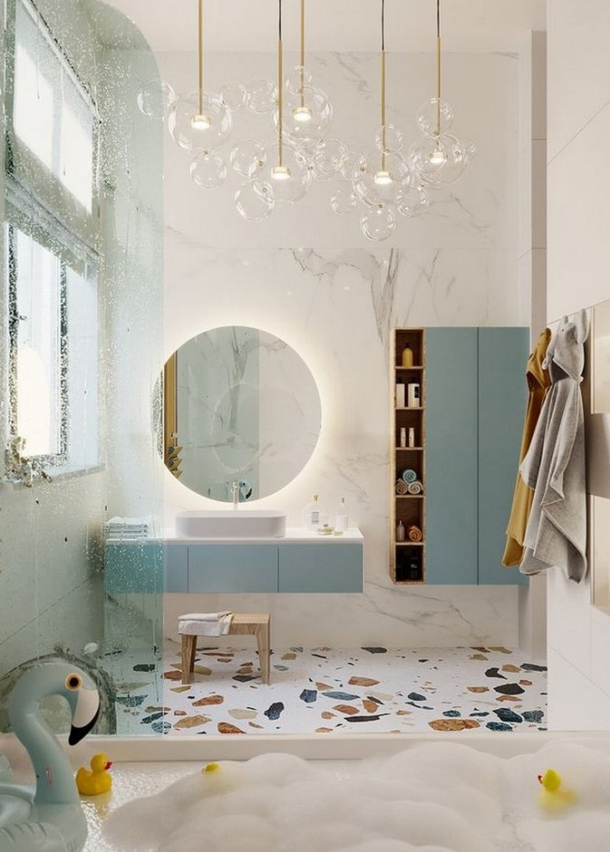 ديكور حمام ملون يطغى عليه الأزرق