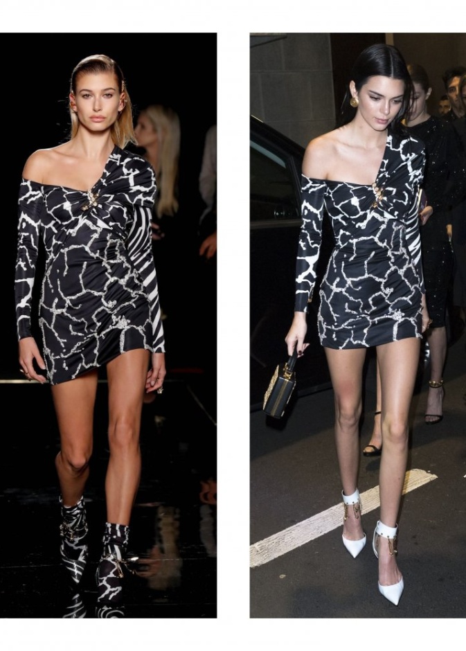  كيندال جينر وهايلي بولدوين في فستان قصير باللونين الاسود والابيض