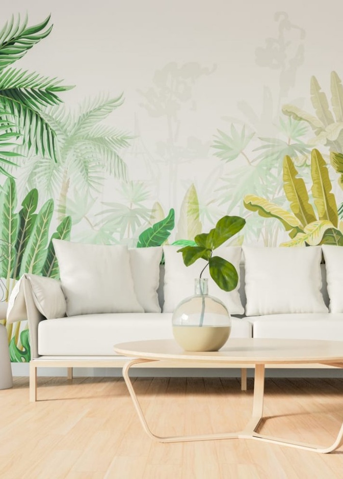 ورق جدران يرسم النباتات الاستوائية تضفي لمسة من البهجة على غرفة المعيشة