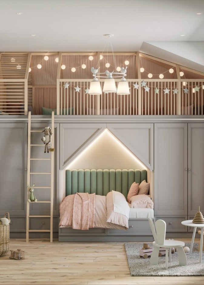 السرير الطابقي جزء من تصميم الخزانة في غرفة أطفال مودرن