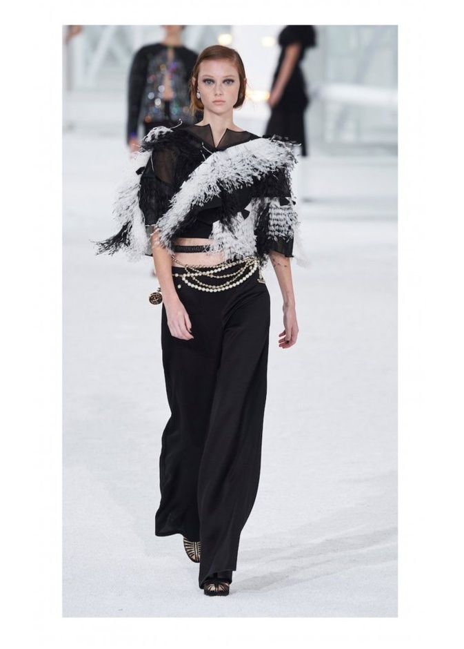 الشيفون الأسود مع لمسات الريش الفاخر بالأبيض والأسود بتصميم فني من CHANEL