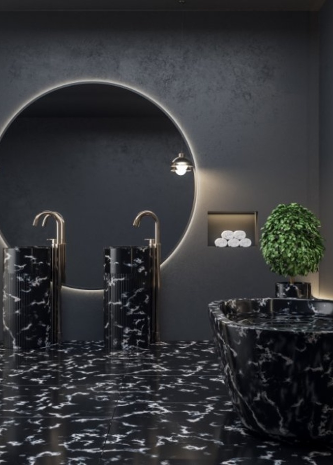  تصميم حمام بالرخام من اللون الأسود مع تفاصيل بالذهبي البراق