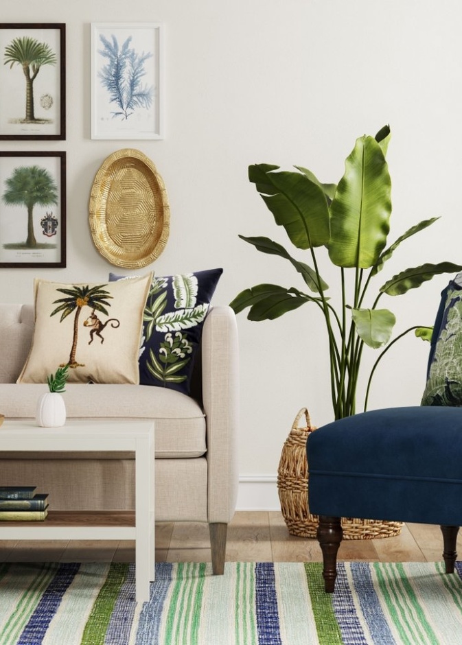  النقشات الطبيعية في الأقمشة لغرفة معيشة استوائية