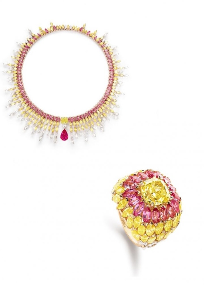 طقم بياجيه من الماس الأبيض والأصفر والاسبنيل الأحمر.