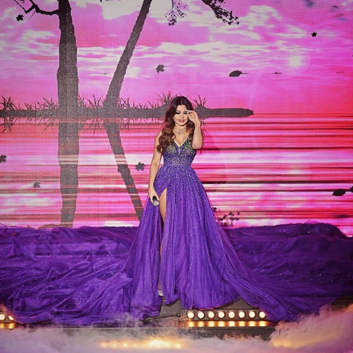 اطلالة فاخرة لهيفاء وهبي على المسرح في فستان باللون البنفسجي