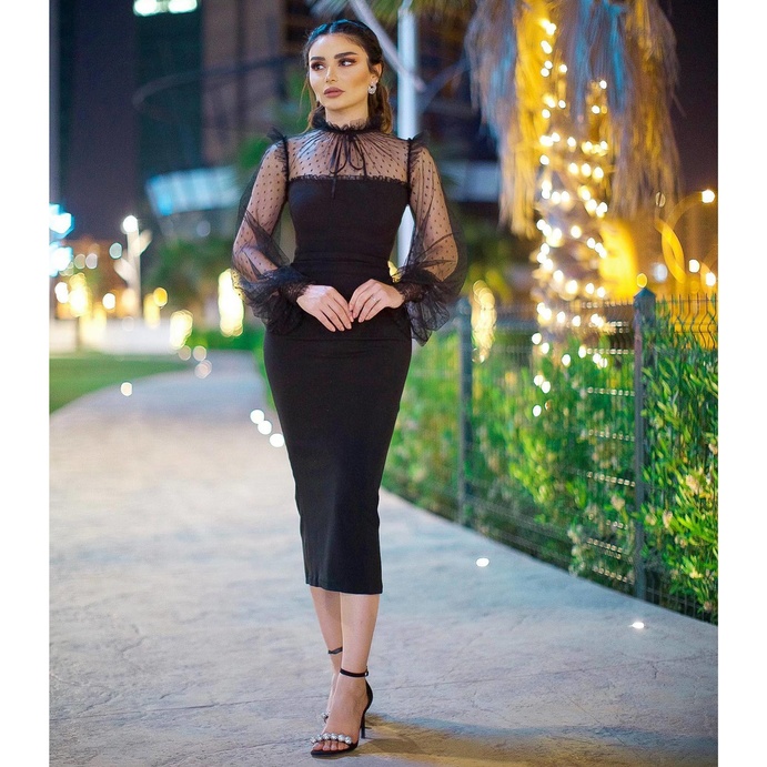 موديلات فساتين ميدي محتشمة من وحي اطلالات النجمات العربيات