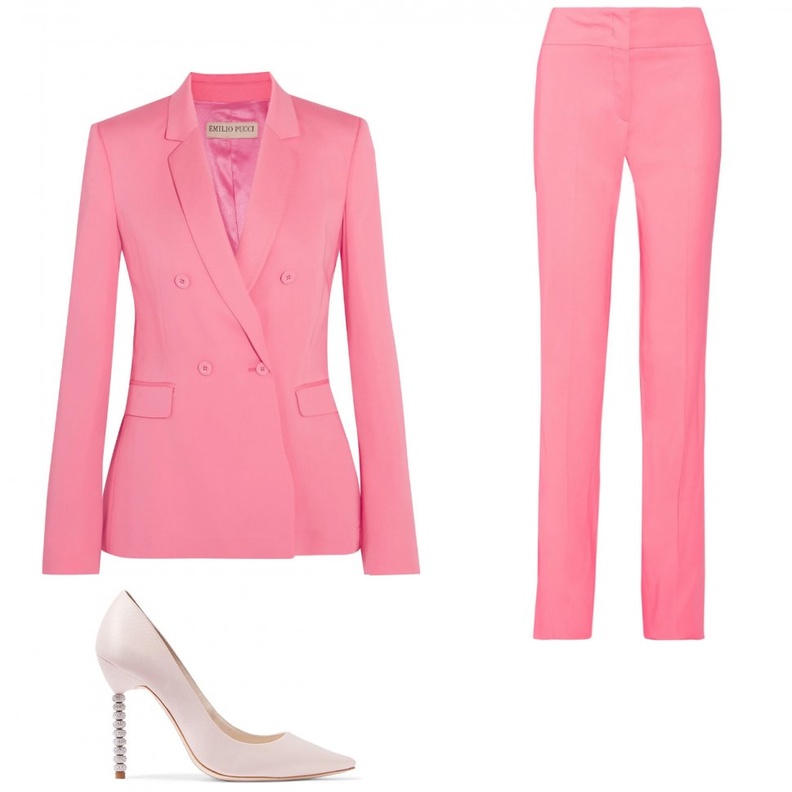 اطلالة أنثوية ناعمة بالبدلة باللون الرسمية باللون الزهري.