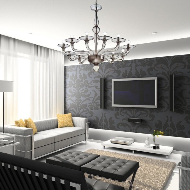 اختاري الثريا الفضية لغرفة المعيشة ذات اللون الأبيض والأسود