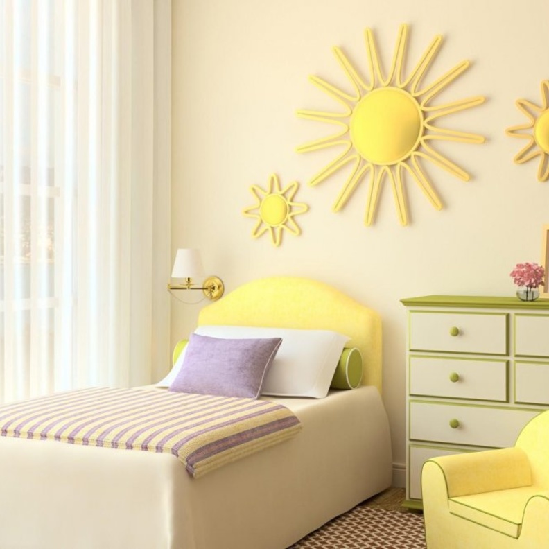 تزيين الجدار في ديكور غرف نوم أطفال باللون الأصفر المضيء