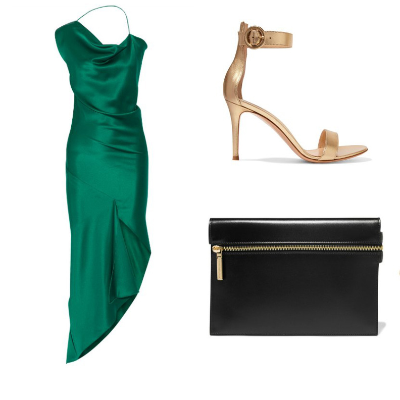 نسقي الفستان الاخضر الساتان بقصة غير متناظرة مع اكسسوارات ذهبية