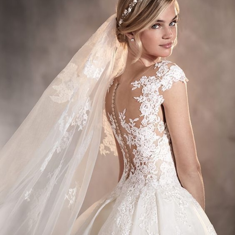 ظهر الفستان من القماش الرقيق الشفاف الذي تزينه الأزرار