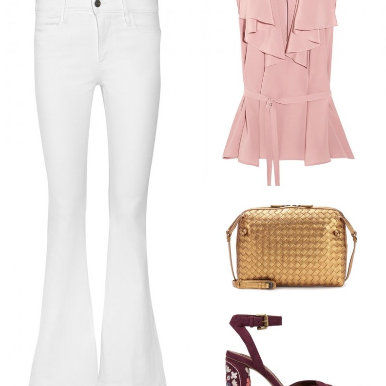 اطلالة راقية بالجينز الأبيض للزيارات المسائية