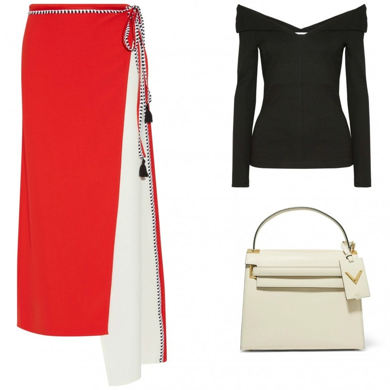 اطلالة راقية بتنورة حمراء مع لمسات عصرية بالتوب المكشوف الأكتاف