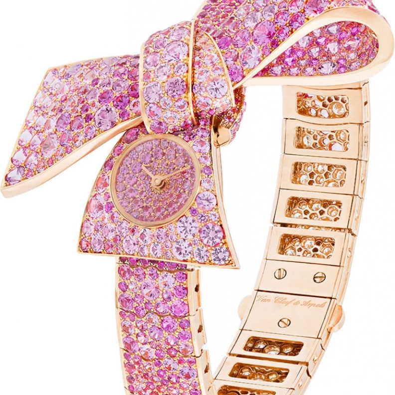 ساعة روبان السرية هيكل من الذهب الوردي وسافير وردي قطع دائري سوار من الذهب الوردي وماسات دائرية وسافير وردي حركة كوارتز