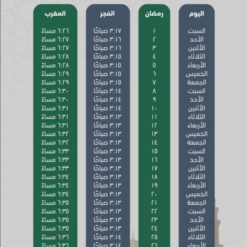 امساكية شهر رمضان في الدمام 