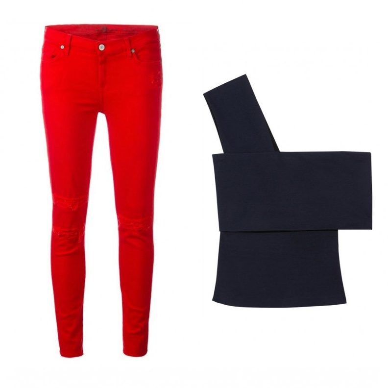 اطلالة عصرية في الجينز الأحمر والتيشيرت البيضاء