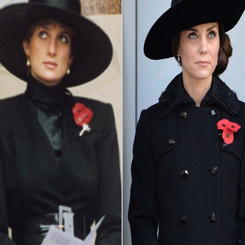 أحدث اطلالات كايت ميدلتون المماثلة تماماً لإطلالة الليدي ديانا بتيور أسود مع قبعة فيدورا سوداء ولمسة حيوية بالبروش الأحمر