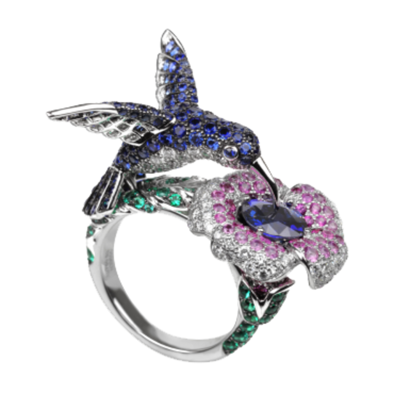 خاتم بوشرون من الذهب الأبيض والرفير الأزرق والزهري والياقوت والماس والزمرد