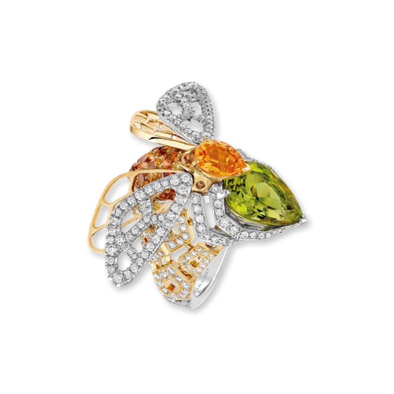 خاتم شوميه من الذهب الأبيض والأصفر والماس والعقيق والزبرجد