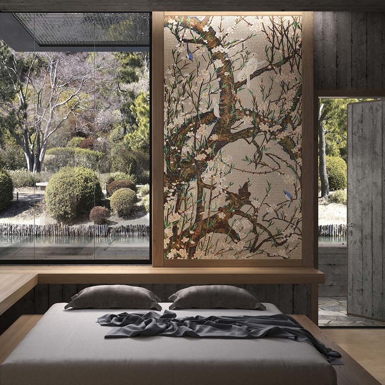 لوحات جدارية رائعة في غرفة النوم من الموزاييك تشكل أبواب سحب تغلق الفتحات الزجاجية عند الحاجة 