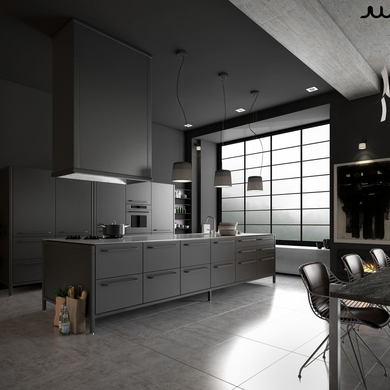 مطبخ يطغى عليه اللون الأسود لون هذا الموسم و يمتاز  بالخزن الطويلة و الأجهزة الكهربائية المخفية من the vipp    