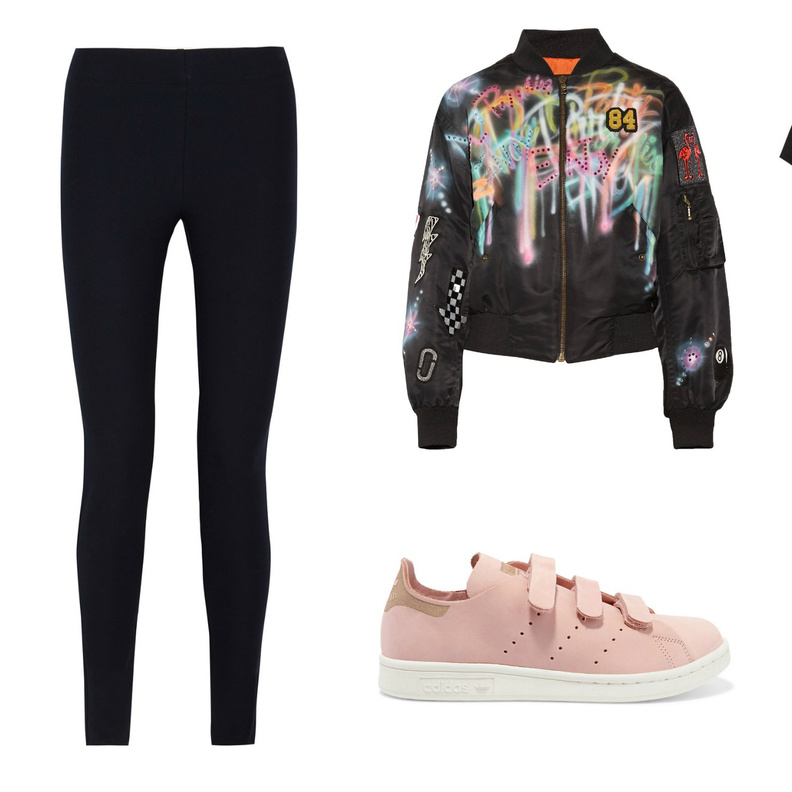 اطلالة مريحة للسفر في البنطلون المطاطي وجاكيت البومبر