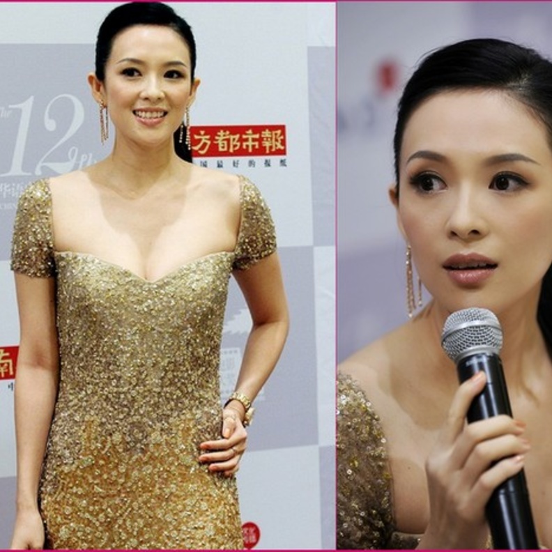 تسي يي تشانغ بفستان Reem Acra الذهبى