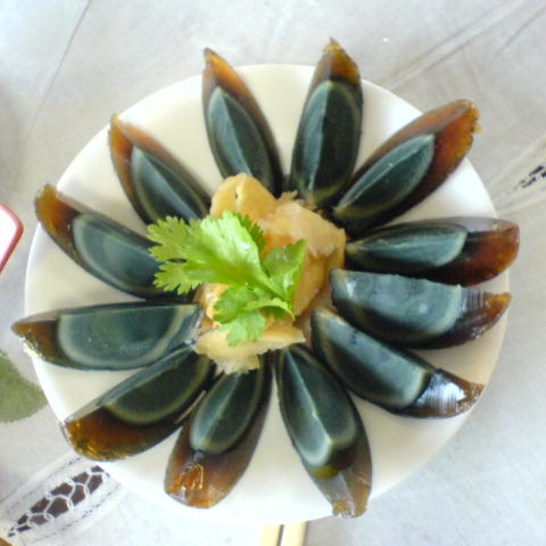 Arranged century egg on a plate