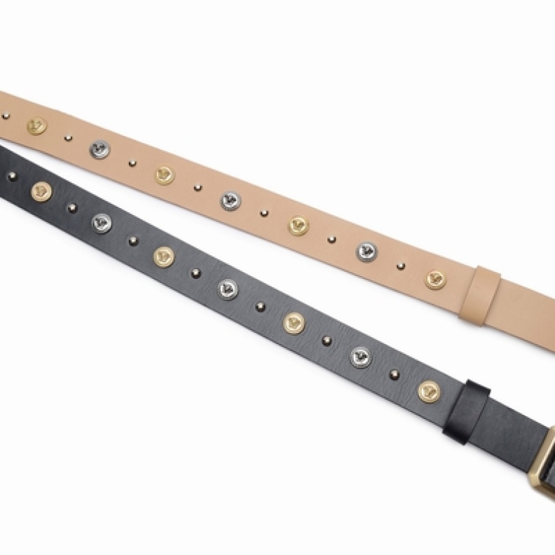 Versace Beige & black calf leather belts with medusa pins and metallic studs - DCDE066 DVT2 D2UMG & D41MG