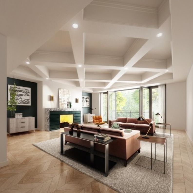 أرضيات رائعة من خشب البلوط و جدران زجاجية و مدفأة أنيقة في غرفة المعيشة