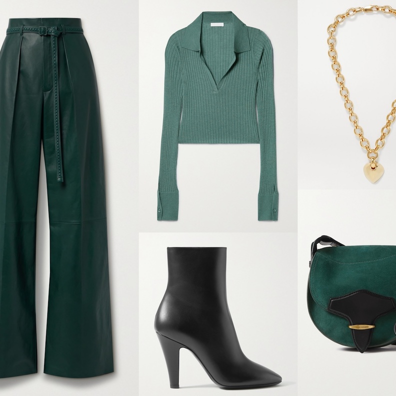 الأخضر الجذاب بإطلالة خريفية بالسروال الجلدي بأسلوب شبابي
