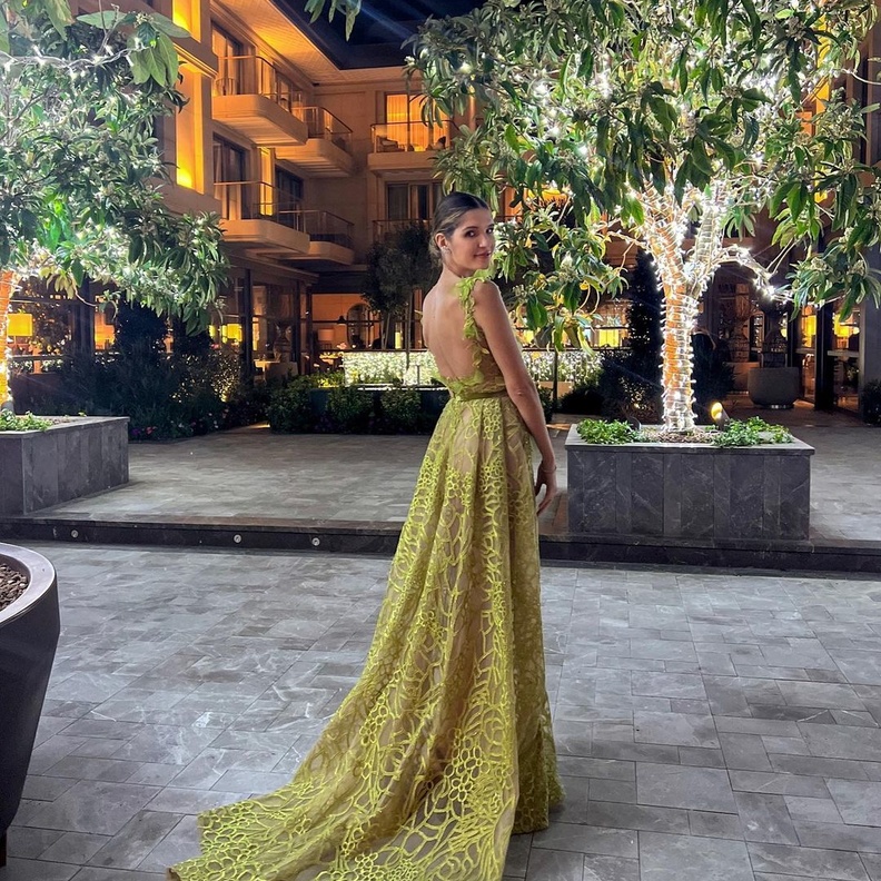 تميّز الفستان بقماشه الشفاف وقصة الظهر المكشوف والحزام المخملي