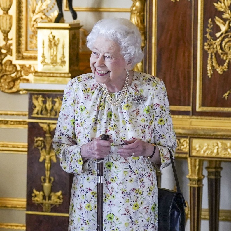 زيّنت الاطلالة بعقد من اللؤلؤ وبروش على شكل سلّة أزهار