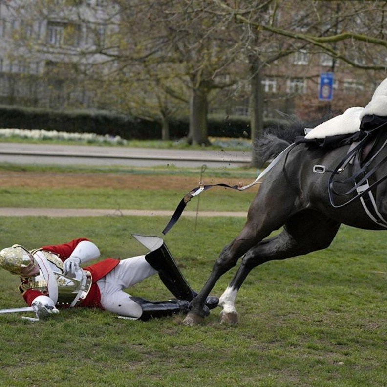  سقوط أحد جنود ملكة بريطانيا من على حصانه خلال تدريبات اليوبيل البلاتيني