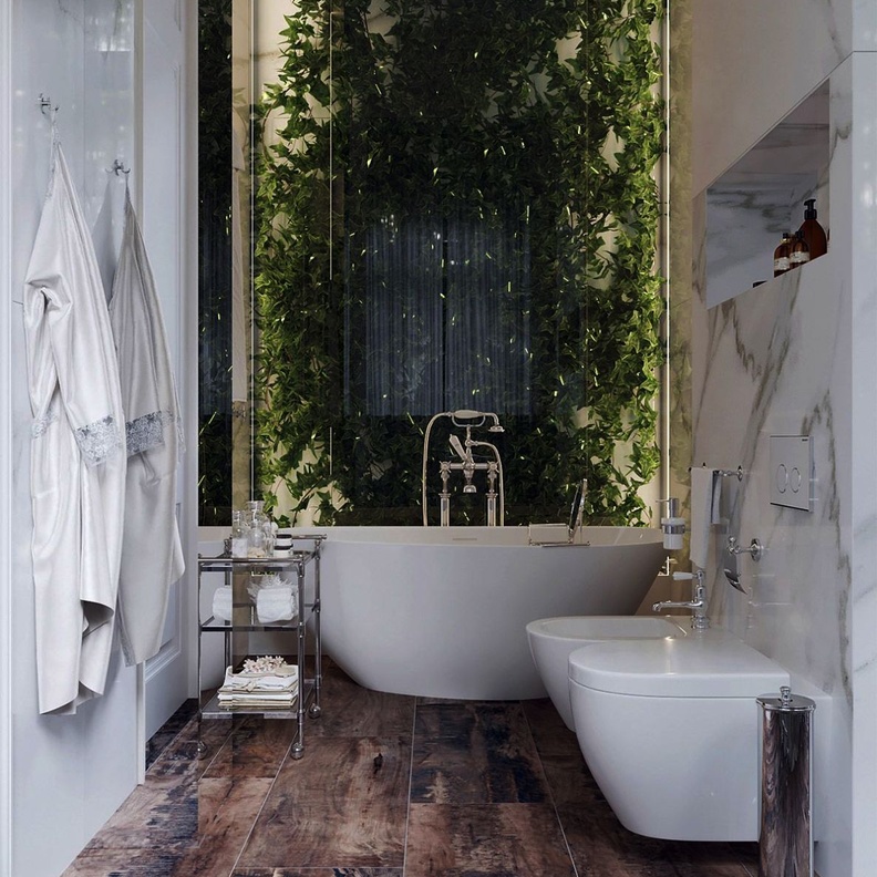 حمام مودرن يتميز بأرضية خشبية تمتزج بشكل رائع مع جدار النباتات