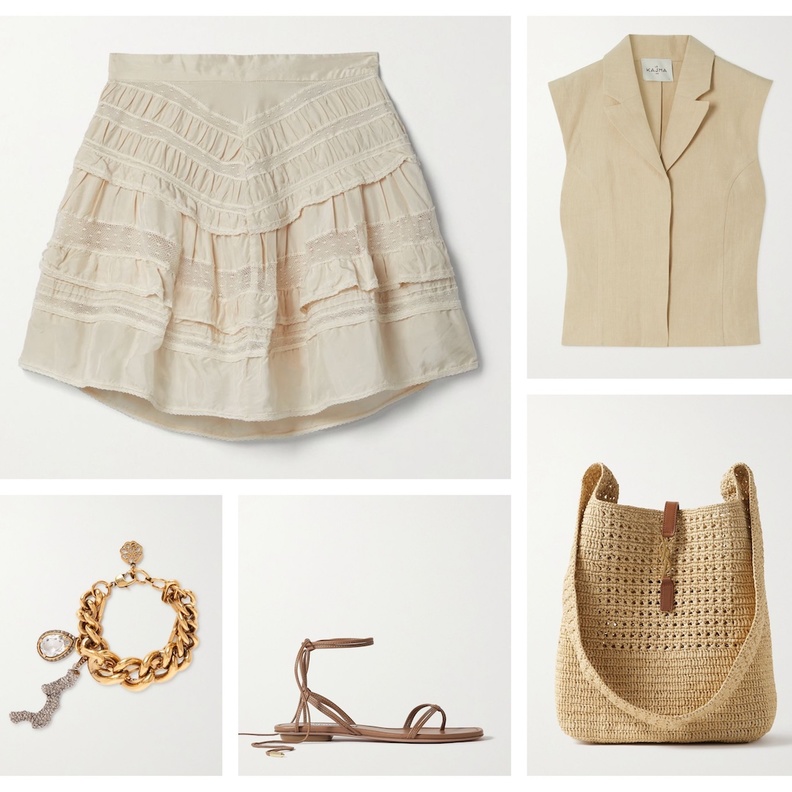 إطلالة اللون الواحد بدرجات البيج بالتنورة الميني